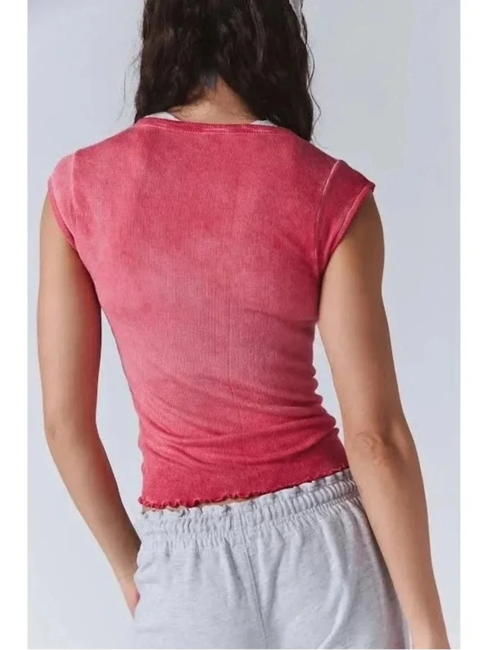 Free People Coral Pink Ribbed Lettuce-Edge Tank